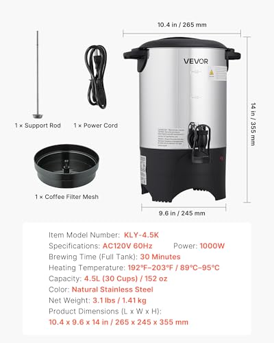 VEVOR Commercial Coffee Urn, 30 Cup 4.5 L Hot Beverage Dispenser with Dripless Faucet, Quick-Brewing Commercial Coffee Maker with Stainless Steel Liner, for Catering, Business, Church & Restaurant - size: 30Cup