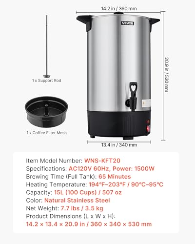 VEVOR Commercial Coffee Urn, 100 Cup 15 L Hot Beverage Dispenser with Dripless Faucet, Quick-Brewing Stainless Steel Large Commercial Coffee Maker, for Catering, Business, Party, Church & Restaurant - size: 100Cups