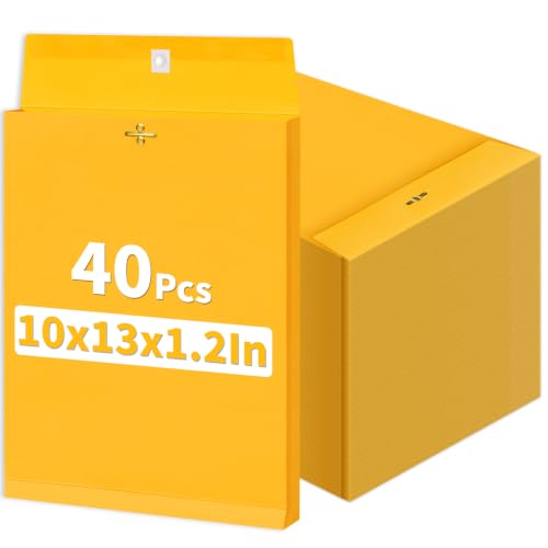 40 Pack 10x13 In Expanding Manila Envelopes with Reusable Clasp and Gummed Seal 180 GSM Heavyweight Large Yellow Envelope Folders 1.2'' Expansion for Home Office Business Mailing Storage Organizing - size: 40pcs-10x13in