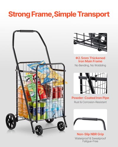 VEVOR Shopping Cart, Folding Grocery Utility Cart with Swivel Wheels, 90 LBS Large Load Capacity, Heavy Duty Rolling Laundry Basket Butler for Laundry, Shopping, Camping, Grocery, Luggage, Black - size: Small