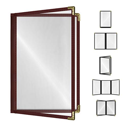 Goodsmart Restaurant Menu Covers – 25 Pack Burgundy 4-View, Side-Loading Menu Holders, Vinyl & Plastic Café Menu Covers, Clear Menu Sleeves, Fits 5.5" x 8.5", Leather-Style Design, Gold Corners - color: Burgundy, size: 2 Pages / 4 Views - 5.5" x 8.5"
