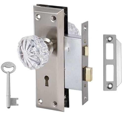 Mortise Lock Set for Interior Door,Antique Door Knobs with Lock and Skeleton Key, Crystal Glass Door Knob Replacement, Brushed Satin Nickel Finish - color: Brushed Nickel, size: Mortise(1 Pack)