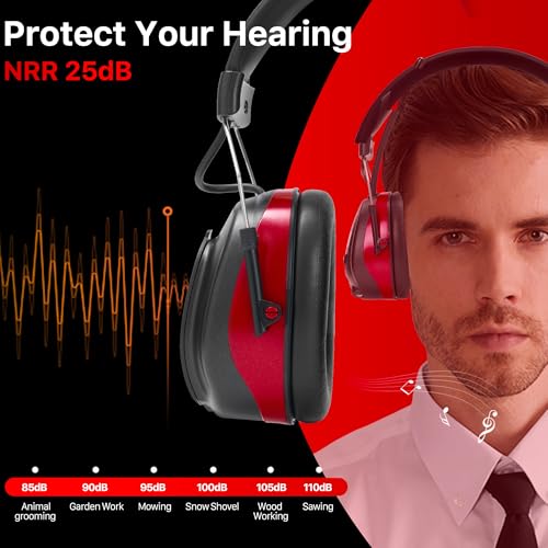 AM/FM Radio Headphones 25dB NRR,Noise Reduction Safety Earmuffs,Digital Display Headset,Powered by AA Battery,Hearing Protection for Walkman Mowing Lawn Work,Red - color: Red
