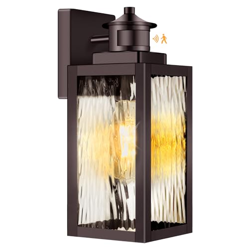 13.6" Motion Sensor Outdoor Wall Sconce Lantern, Exterior Waterproof Wall Lights Fixtures with Water-Rippled Glass, Brown Outside Mount Lighting for House, Porch, Garage, Patio, Bulbs Not Included - color: Brown, size: 13.6 Inch