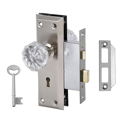 2 Pack Mortise Lock Set for Interior Door,Antique Door Knobs with Lock and Skeleton Key, Crystal Glass Door Knob Replacement, Brushed Satin Nickel Finish - color: Brushed Nickel, size: Mortise(2 Pack)
