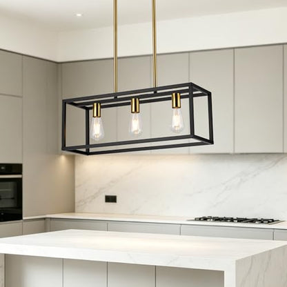Farmhouse Kitchen Island Lighting, Modern Industrial Chandelier, 3-Light Black&Brushed Brass Linear Rectangular Pendant Light Fixtures for Farmhouse Kitchen Dining Room Bar Foyer - color: Black&Brass, size: 3 Lights