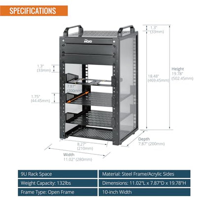 Tecmojo 9U Network Rack, 10 inch Mini Server Rack with 2 Side Translucent Panels & 2 Top Handles, 7.87 inch Deep, for 10 inch IT Equipment & A/V Devices, Black - size: 9U/10in/Black