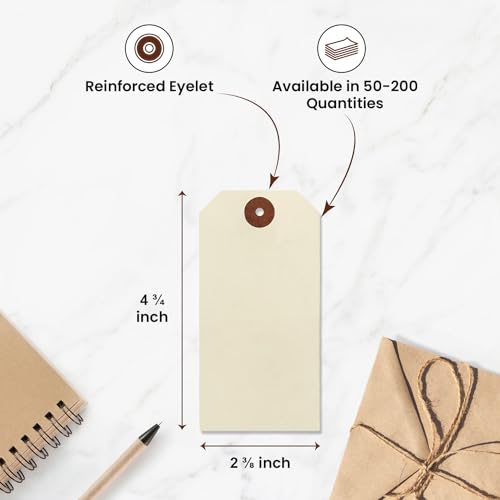 Blank Manila Shipping Tags Set of 100, Size #5, 9pt Paper Cardstock Hang Tag Label with Reinforced Eyelets, 4 3/4" x2 3/8" (No Attachments)