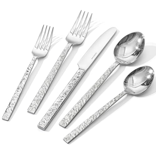 60 Pcs Hammered Silverware Set for 12, 18/10 Stainless Steel Flatware - color: Silver, size: 60-Piece