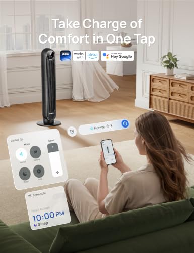 DREO Smart Tower Fan for Bedroom, 28ft/s Velocity, 8 Speeds Ultra Quiet Fan - color: Pure Black, size: 36 inch