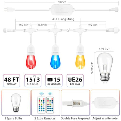 Mlambert Multicolor 48FT LED Outdoor Patio String Lights with Remote, White - color: White