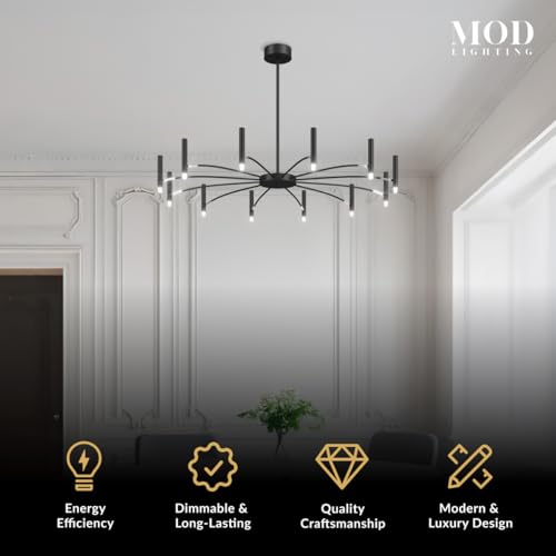 MOD LIGHTING Kendall Contemporary Candle Chandelier (12 Candles), 39" Modern Dining Room Chandelier, 3000K Warm White Sputnik Ceiling Light Fixture for Bedroom, Living Room, Cafes, Offices, Black - size: 12 Candles