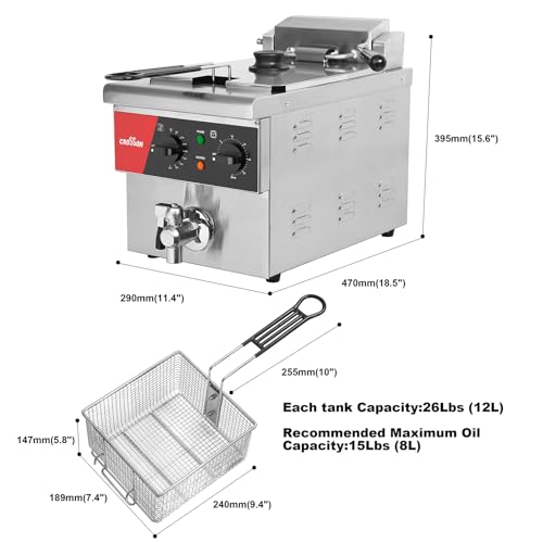 CROSSON 8L Countertop Electric Deep Fryer with Draining Valve,Solid Basket and Lid for Restaurant Use 120V,1800W Stainless Steel Commercial Deep Fryer - size: Single Tank,8L