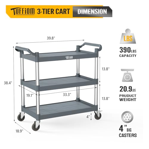 TUFFIOM Plastic Service Utility Cart with Wheels,Heavy Duty 450lbs Capacity, 3-Tier Commercial Rolling, Ideal for Restaurant, Foodservice, Office, Warehouse, Gray 39.8''L x 19.1''W x 38.4''H - size: Gray 39.8''L x 19.1''W x 38.4''H