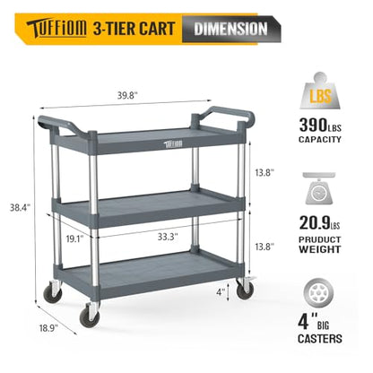 TUFFIOM Plastic Service Utility Cart with Wheels,Heavy Duty 450lbs Capacity, 3-Tier Commercial Rolling, Ideal for Restaurant, Foodservice, Office, Warehouse, Gray 39.8''L x 19.1''W x 38.4''H - size: Gray 39.8''L x 19.1''W x 38.4''H