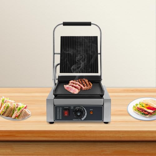 1800W Single Head Commercial Sandwich Maker, Electric Stainless Steel Panini Press Grill Machine, Non Stick Cooking Plate Countertop Sandwich Panini Griller for Restaurant Cafe Kitchen Use