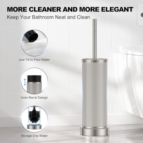 Metal Vertical Grain Toilet Bowl Brush and Holder Set Scrubber Nickel - color: Nickel