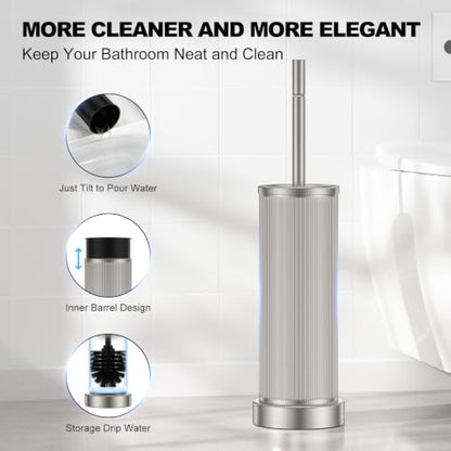 Metal Vertical Grain Toilet Bowl Brush and Holder Set Scrubber Nickel - color: Nickel
