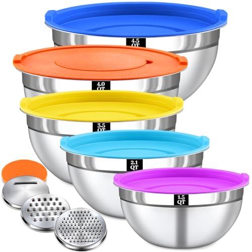 8PCS Mixing Bowls with Lids Set - 5 Nesting Mixing Bowls, 3 Grater Attachments, Lids, Stainless Steel Mixing Bowls for Mixing & Serving, Size 1.5/2.1/3.5/4/4.5 QT, Colorful - color: 8PCS Colorful Mixing Bowl Set