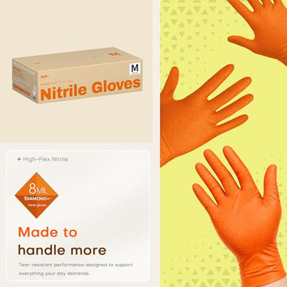 SUPER+ HEAVY DUTY Nitrile Gloves 8 Mil Diamond Texture Disposable Chemical Resistant Powder &Latex Free Food Safe Orange 50Ct - color: Medium (Orange)