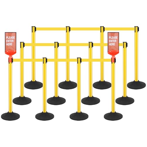 STARSIGNS 12 Pack Crowd Control Barriers - Weighted Base Stanchions with 10 Feet Retractable Belts Yellow Stanchion Posts Set for Retail, Banks, Public Spaces - color: Yellow- 12 Packs
