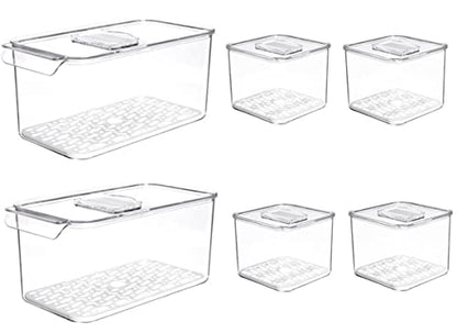 SANNO Produce Saver Containers for Refrigerator - Stackable Kitchen Organizer Keeper Bin, with Removable Drain Tray, Set of 6 - size: 6-Pack