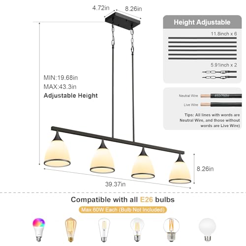 4-Light Modern Linear Chandelier for Kitchen Island Light Black - color: Black