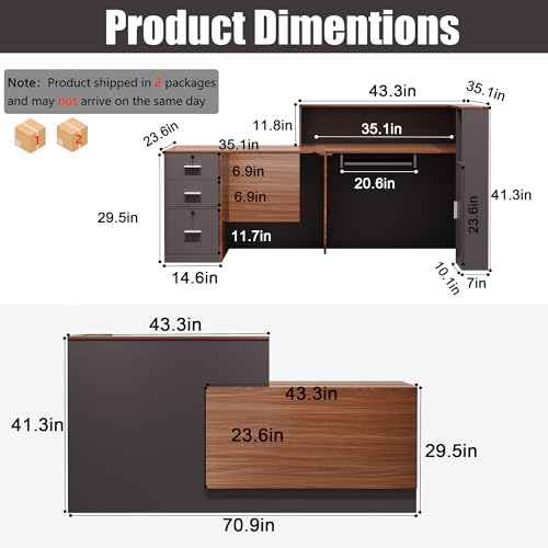L-Shaped Reception Desk with Lockable Drawers, Adjustable File Cabinet & Keyboard Tray, Modern Front Counter for Office, Salon, or Lobby (Left-L Walnut/Slate Gray, 70.9''L x 23.6''W x 41.3''H) - color: Left-l Walnut/Slate Gray, size: 70.9''L x 23.6''W x 4