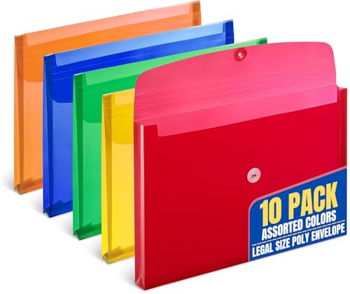 1InTheOffice Poly Envelopes Button & String Closure, Expanding Wallet, Legal Size, Assorted Colors, 10/Pack