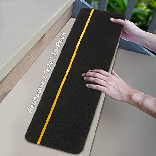 WOPPLXY 10 Pcs Anti Slip Stair Tread with Reflective Stripe, 6" x 24" Black Grip Tape for Stairs Adhesive Non Skid Tape Outdoor Traction Treads Staircase Step Treads Friction Abrasive for Stairs Step