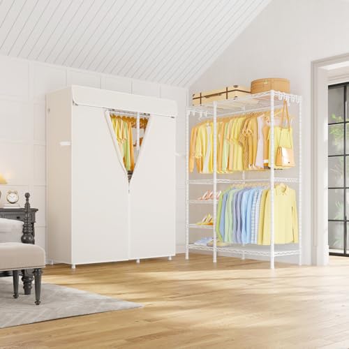 ULIFHOME F2C Clothes Rack with Beige Cover, 47.2" W x 16.5" D x 78.3" H - color: White Closet with Beige Cover