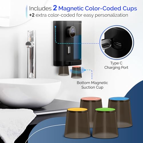Automatic Mouthwash Dispenser for Bathroom: 20.3Oz Mouth Wash Dispensers with Magnetic Cup Holder, 4 Levels, Wall Mounted, Electric Auto Mouthwash Dispenser for Kids Adults (Black) - color: Black