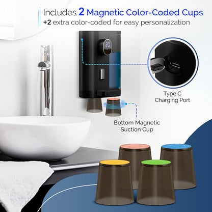 Automatic Mouthwash Dispenser for Bathroom: 20.3Oz Mouth Wash Dispensers with Magnetic Cup Holder, 4 Levels, Wall Mounted, Electric Auto Mouthwash Dispenser for Kids Adults (Black) - color: Black