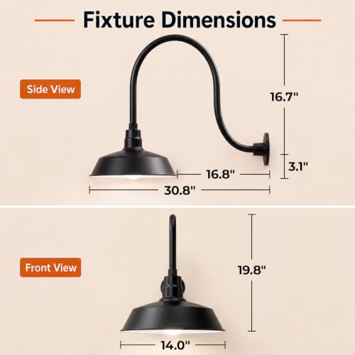 14in. Satin Black Outdoor Gooseneck Barn Light Fixture, 5000K Cool White - color: Satin Black (2-Pack), size: 24 in Gooseneck Arm