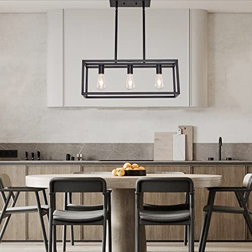 Farmhouse Rectangle Chandeliers for Dining Rooms, Modern Linear Hanging Light Fixture Matte Black 3-Light Industrial Pendant Lighting for Kitchen Island - color: Black, size: 3 Lights
