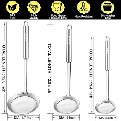 Anaeat Stainless Steel Fat Skimmer Spoon - Set of 3 Professional Kitchen Fine Mesh Food Strainer and Hot Pot Skimmer with Long Handle for Skimming, Cooking, Frying, Grease, Gravy and Foam (3"+4"+4.7") - color: Fine Mesh Skimmer Set of 3