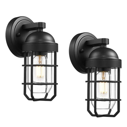 Emliviar Farmhouse Outdoor Wall Light, 2 Pack Wall Light Fixtures with Clear Tempered Glass, Black Finish, GE255B-2PK BK - color: Black - Clear Tempered Glass, size: 9.4 Inch