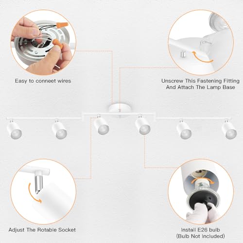 BoostArea LED 6 Light Track Lighting Kit, White 6 Way Ceiling Spot Lighting, Flexibly Rotatable Light Head for Kitchen, Living Room, Bedroom, GU10 Bulb Not Included - color: 6 Light-White