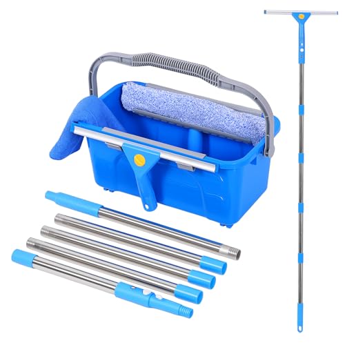 Professional Window Cleaning Kit with Bucket 3 Gallon, 76" Long Handle Squeegee and Microfiber Scrubber, High Window Washing Equipment for Indoor Outdoor, Commercial, Home, Car