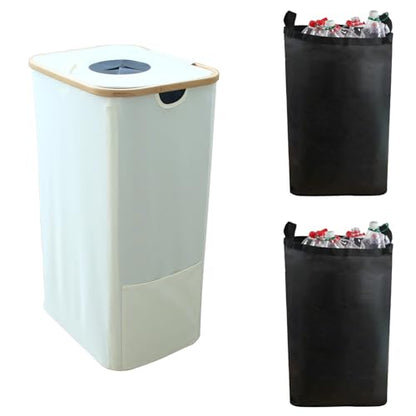 26 Gallon/100L Kitchen Recycling Bin with Lid & 2 Reusable Inner Bags - Ideal for Bottles, Cans, Glass, Plastic Waste (White) - color: White
