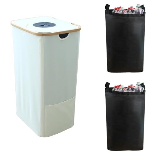 26 Gallon/100L Kitchen Recycling Bin with Lid & 2 Reusable Inner Bags - Ideal for Bottles, Cans, Glass, Plastic Waste (White) - color: White