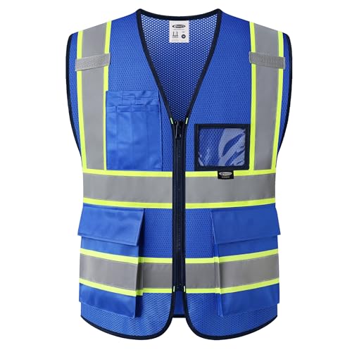 JKSafety Safety Vest for men women Hi Vis Vest with Pockets and Zipper High Visibility Reflective Vests BX320 - color: Blue, size: XX-Large