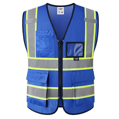 JKSafety Safety Vest for men women Hi Vis Vest with Pockets and Zipper High Visibility Reflective Vests BX320 - color: Blue, size: 3X-Large