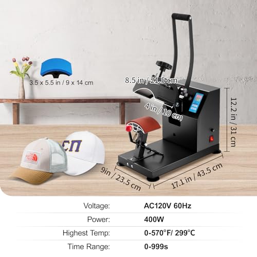 VEVOR Heat Press 6x3.75Inch Curved Element Hat Press Clamshell Design Heat Press for Hats Rigid Steel Frame No Stick Digital LCD Timer and Temperature Control (6x3.75Inch Clamshell Design) - color: Black