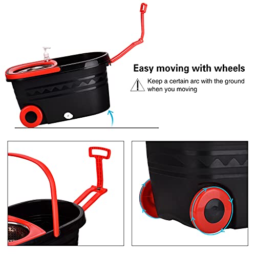 Mop Bucket Set, 360 Spin Stainless Steel Spin Mop Bucket System with 3 Mop Heads, for Floor Cleaning - color: Black Red