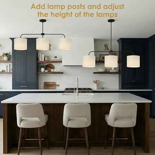 3-Light Black Linear Chandelier with Linen Beige Drum Shades, Modern Pendant Light Fixture for Kitchen Island, Dining Room, Living Room, Bedroom, E26 Base Compatible - color: 3 Light-Black