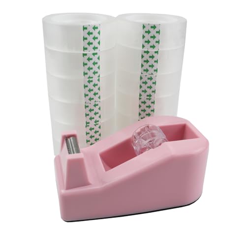 Desktop Tape Dispenser,1 Pack Pink Tape Dispensers with 12Rolls Transparent Tape, for Packaging in Office,Restaurant, Flower Shop,Cake Shop (Pink) - color: Pink