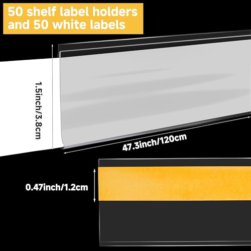50 Pcs Shelf Label Strips, 1.5" x 48" Self Adhesive Label Holder, Clear - color: clear