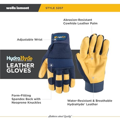 Wells Lamont Men's Leather Palm Work Gloves – HydraHyde Water-Resistant Leather, Flexible Spandex Back, Adjustable Closure - color: Blue, size: Large