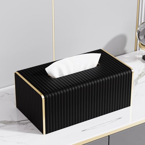 Tissue Box Cover,Black Rectangle PU Leather Tissue Holder with Gold-Tone Edging Accents,Tissue Box Cover for Bathroom Toilet Bedroom Living Room Table Desk Office,Countertop - color: Black, size: Rectangle Standard